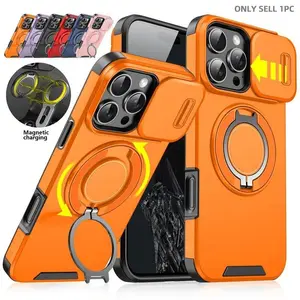 For iPhone 17 Pro Max 16 Pro Max 15 Pro Max 14 Pro Max 13 12 Pro Max Plus 16e with Slide Camera Case, 360 Rotated Ring Kickstand Holder Military Grade Shockproof Protective Cover