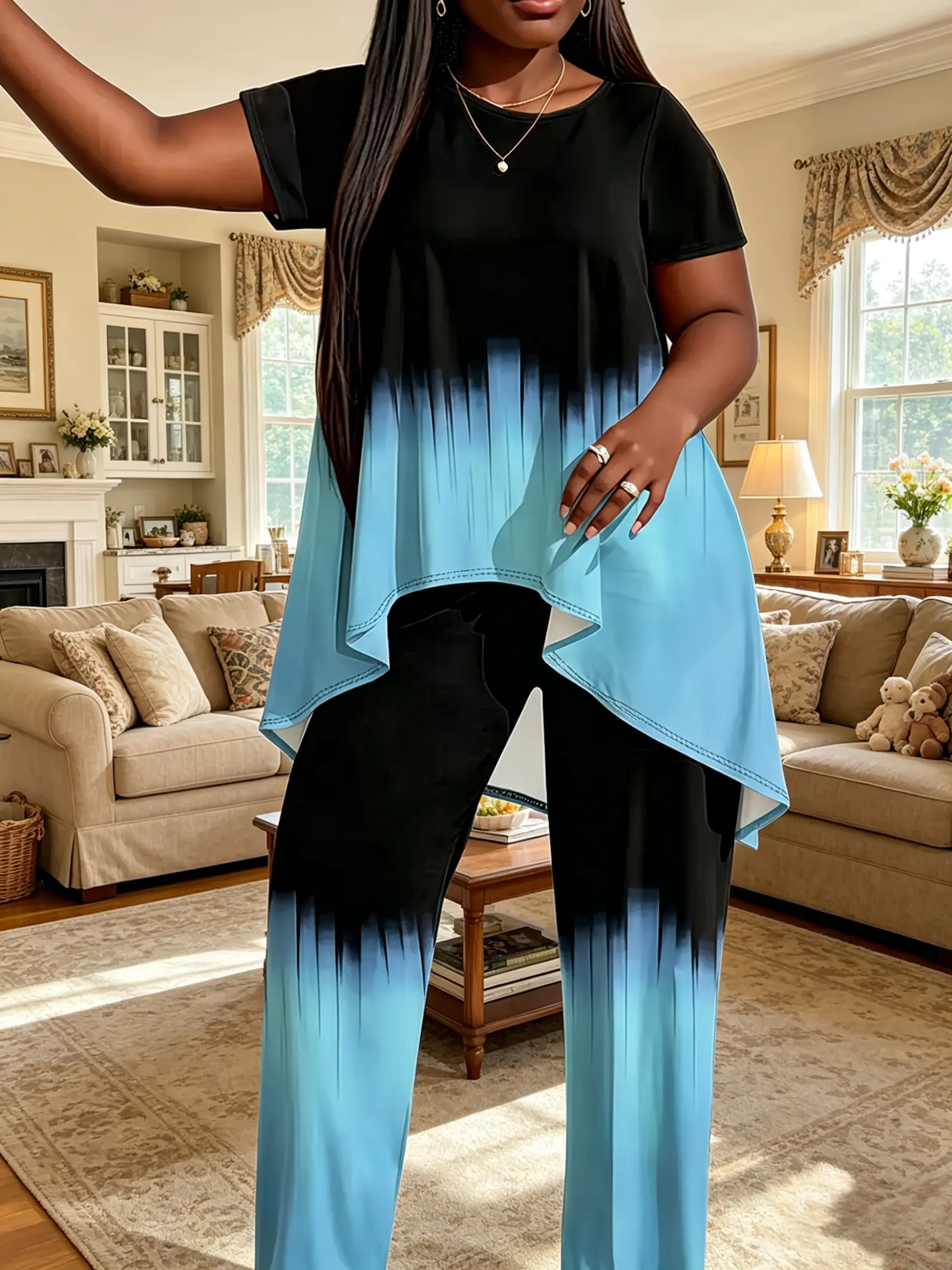 Women's Plus Size 2-Piece Casual Outfit - Elegant Short-Sleeve Tunic, Oversized Solid Slim Pants, Asymmetrical Print, Lightweight Curvy Fabric, Spring/Summer Activewear, Machine Washable, Comfortable Trendy Chic Clothes