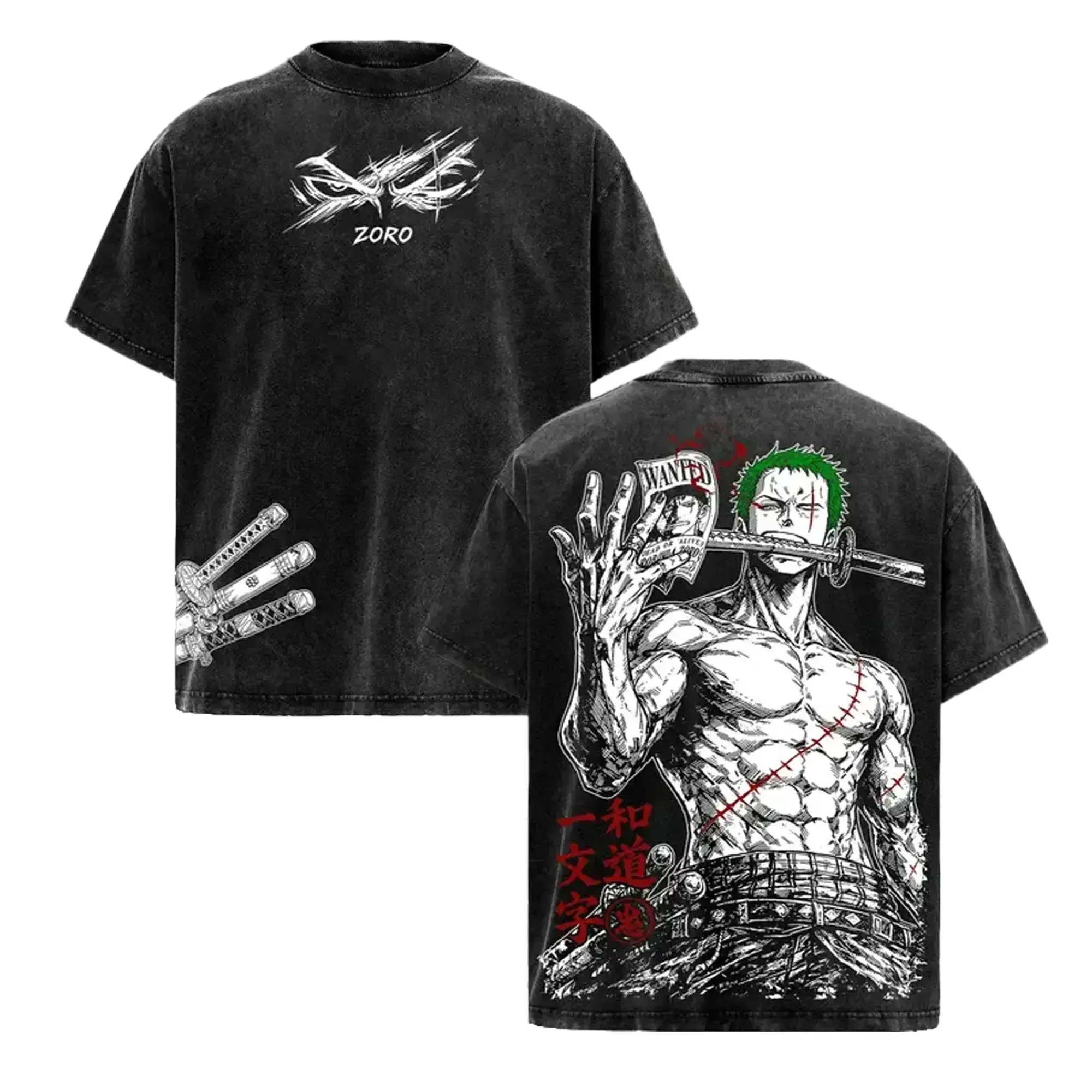Roronoa Zoro One Piece Anime Three Sword Style Pirate Hunter Vintage Washed Oversized Graphic Tee Katana Warrior Streetwear Shirt