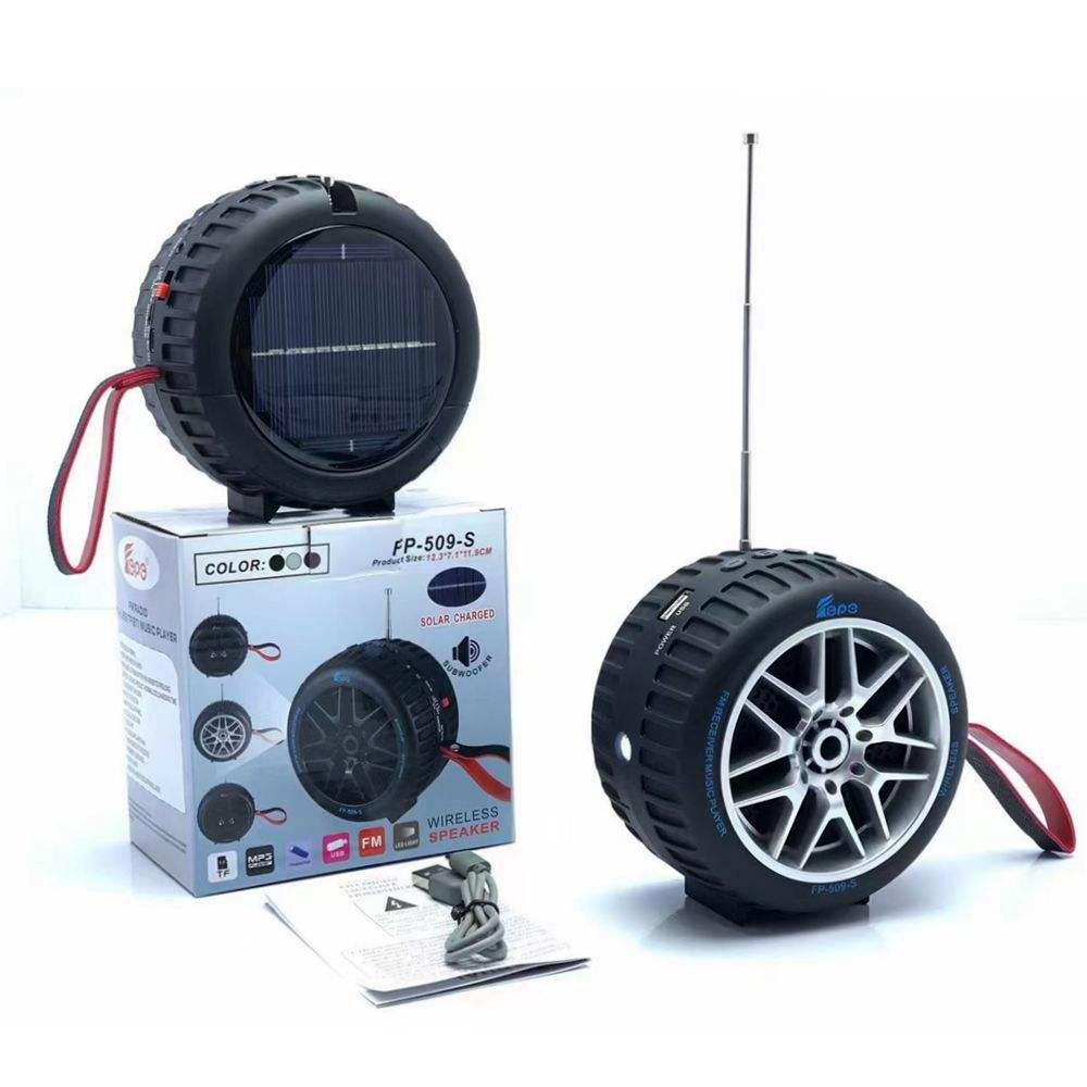Car Wheel Design Solar-Powered Portable Wireless Speaker with USB & Micro SD Card Slots, Detachable Strap, Rechargeable Battery & Strong Sound Output for Universal Cell Phone and Wireless Devices
