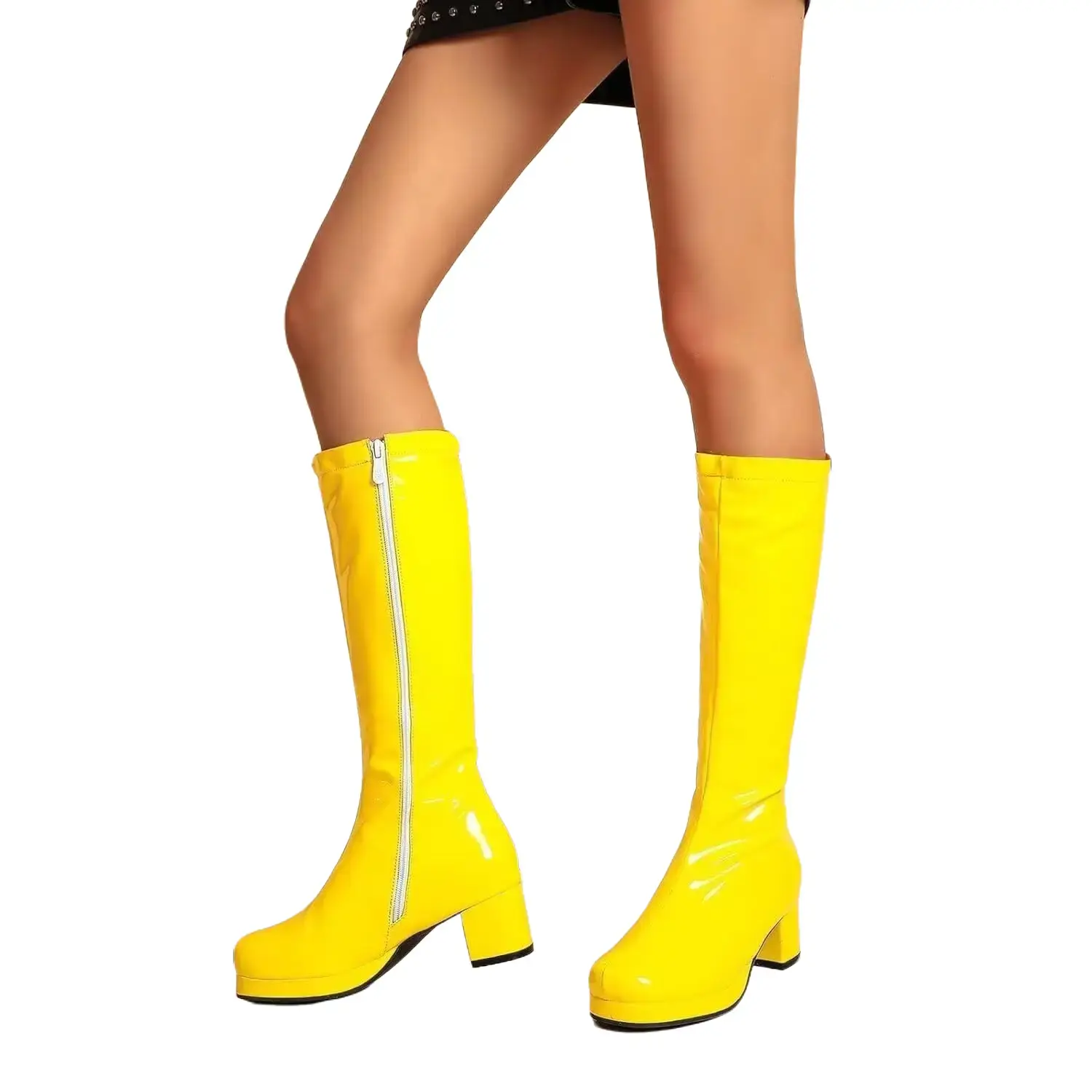 Women's 70's Gogo Boots For Women Low Block Heel Chunky Knee High