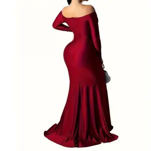 Side Slit Floor-Length Dress, Party Gown Off-Shoulder Long Sleeve Dress, Women's Lace Wedding Evening Wrap Dress Clothes Formal