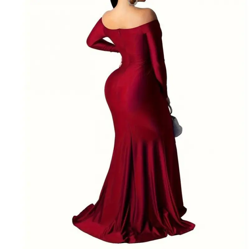 2026Side Slit Floor-Length Dress, Party Gown Off-Shoulder Long Sleeve Dress, Women's Lace Wedding Evening Wrap Dress Clothes Formal Womenswear Basic