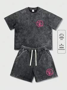 Lightweight vintage casual athletic set for men featuring a pink circular logo print; Y2K street style with a washed distressed look, premium feel, relaxed fit, versatile design. Short-sleeve T-shirt and shorts set suitable for running, golf, fishing, bas