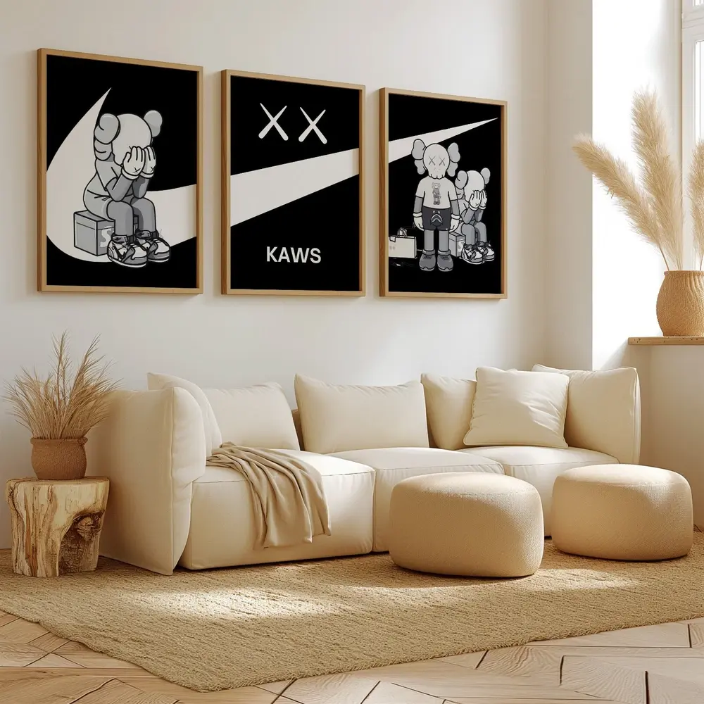 Hypebeast Kaws Posters Wall Art Set of 3 Black And White Sport Poster Prints