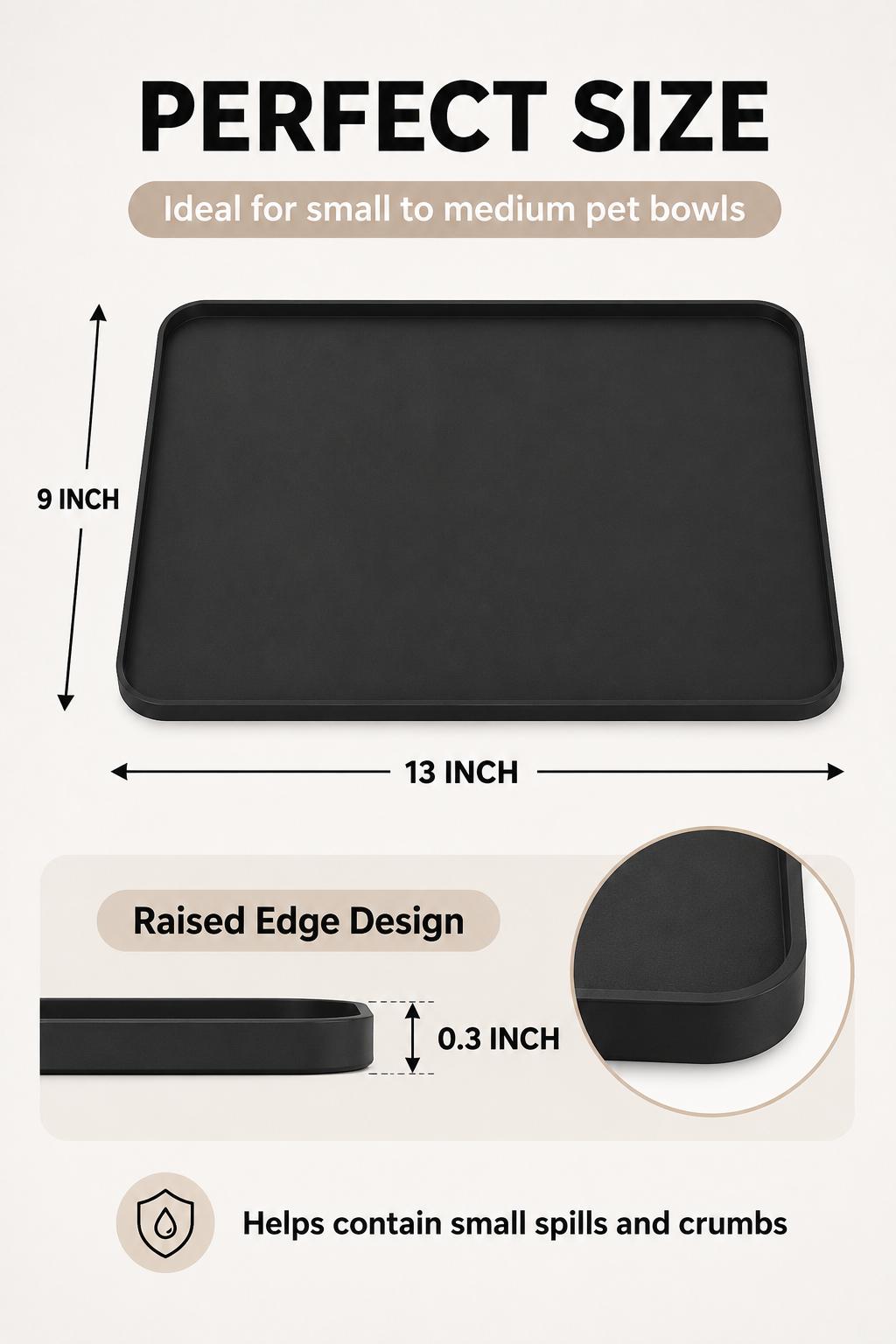 Silicone Pet Feeding Mat for Dogs and Cats 13 x 9 Inch Waterproof Raised Edge Food and Water Bowl Tray Black
