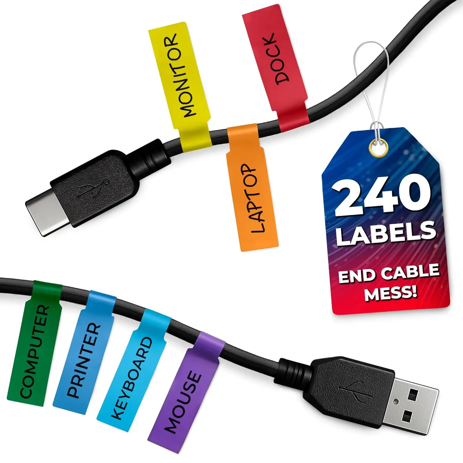 240 PCS Wire Tags for Cable Management – Durable Self-Adhesive Cable Labels for Cords, Tear-Resistant & Waterproof Wire Label Set Compatible with Laser Printers