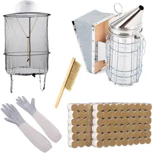 5Pcs Bee Hive Kit, Bee Smoker for Beekeeping Included Bee Hive Smoker with Bee Smoker Pellets(108Pack), Beekeeping Veil Hat with Gloves, Wooden Bees Brushes, Beekeeping Supplies for Beekeeper