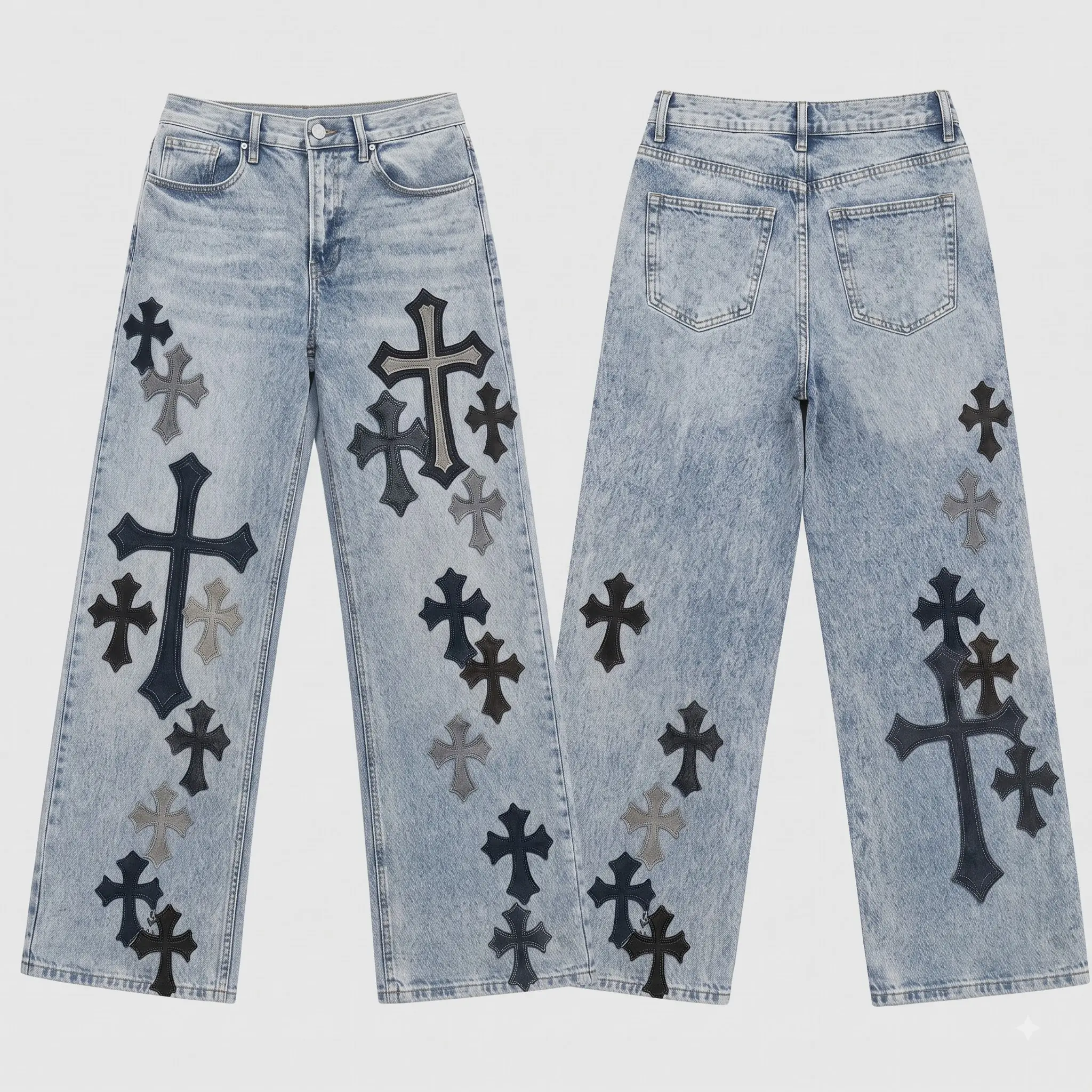 Vintage Light Wash Baggy Jeans Gothic Cross Graphic Print Wide Leg Denim Pants Y2K Streetwear