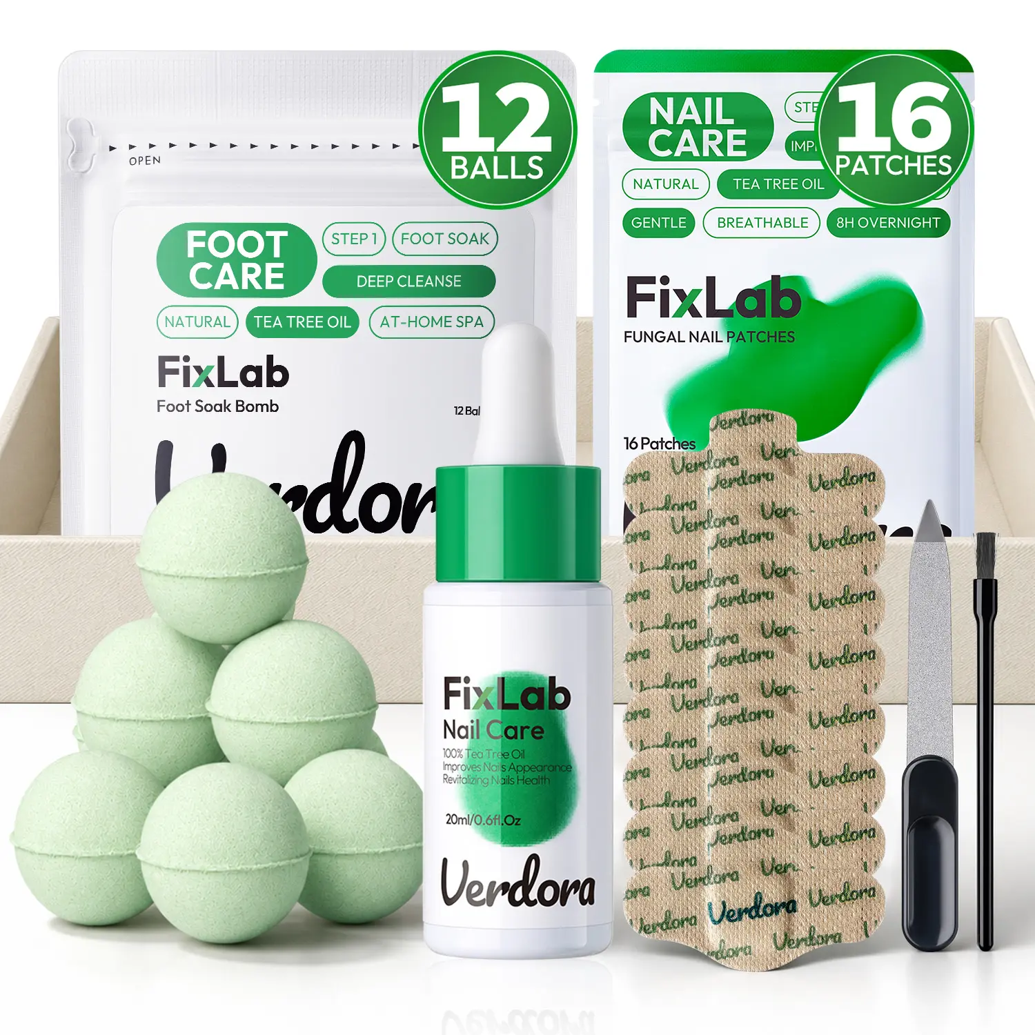 Fungal Nail Soak & Care Kit,8 - Hour Overnight Solution for Healthy Nails, with Tea Tree Oil & Oregano Oil, Nighttime Nail Repair for Damaged, Repair forDiscolored Nails, All-in-One Kit: Spray, Nail Oil, Fungal Nail Patches, File & Brush