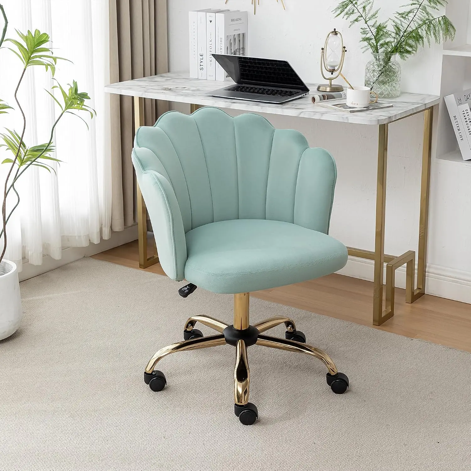 Swivel Office Chair, Modern Home Office Desk Chair, Velvet Shell Back Vanity Chair with Golden Metal Base, Height Adjustable Upholstered Cute Task Chair,girl,gift