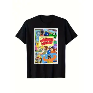 Men's Bob's Burgers Wonder Wharf Graphic T-Shirt - 100%, Short Sleeve, Round Neck, Black Casual Style with Vibrant Heat Transfer Printed Design
