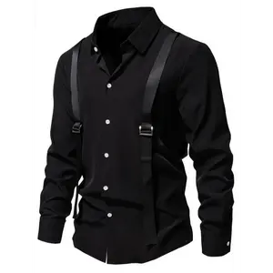 [Polyester Long Sleeve Shirt] Machine Washable Polyester Men's Black Long Sleeve Shirt - Adjustable Suspenders, Casual Party Wear for Nightclubs & Events