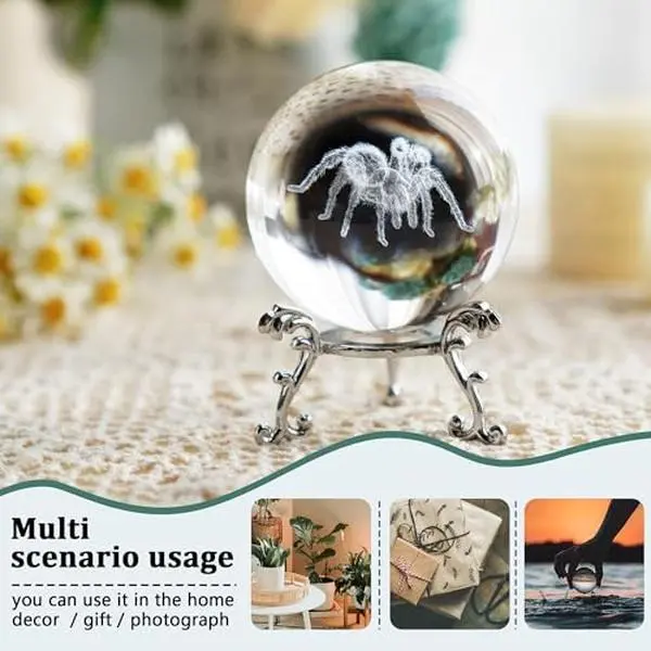 2⅜ inches 3D Spider Crystal Ball Halloween Decor with Stand 3D Laser Engraved Tarantula Animal Figurine Prop Decorative Glass Full Sphere Table Craft Paperweight