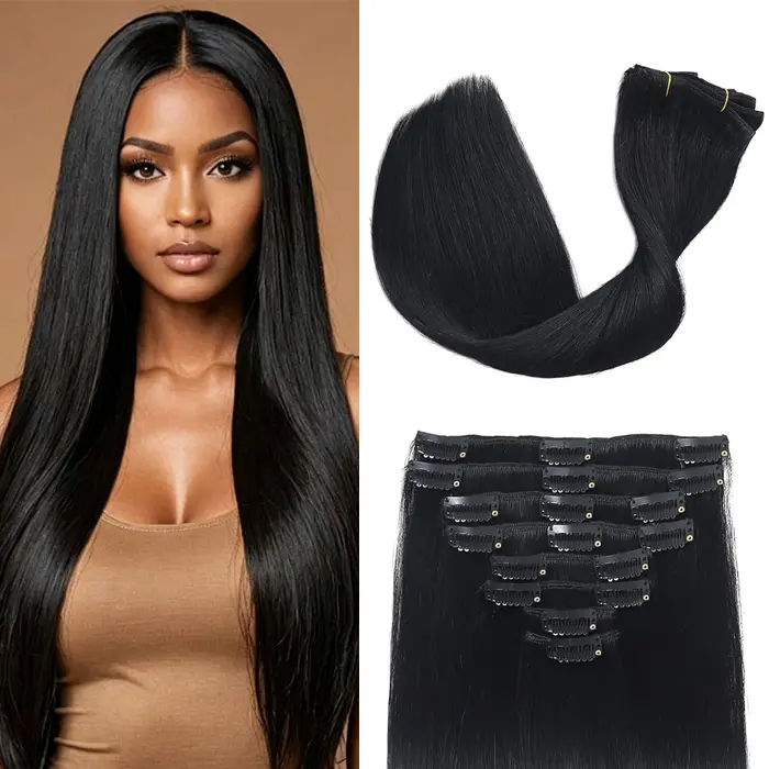Clip In Hair Extensions Real Human Hair Natural Black Straight 7PCS Full Head Double Weft Thick Seamless Hair Extensions 16-22 Inch