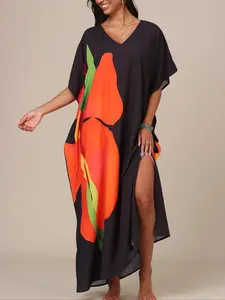【Plus Size】 Floral Print Kaftan Dress, Casual Batwing Sleeve Dress for Beach Holiday Vacation, Women's Clothes for All Seasons