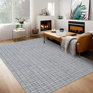 GARVEE Modern Large Rug 10x13 Plaid Washable Area Rugs for Living Room, Low Pile Non-Slip Geometric Soft Bedroom Rug, Stain Resistant Checkered Print Carpet for Office Farmhouse Dining Room,Dark Grey