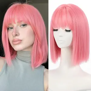 Bob Wigs for Women Short Wig with Bangs Heat Resistant Synthetic Hair 12 inch for Daily Party Halloween Costume Use