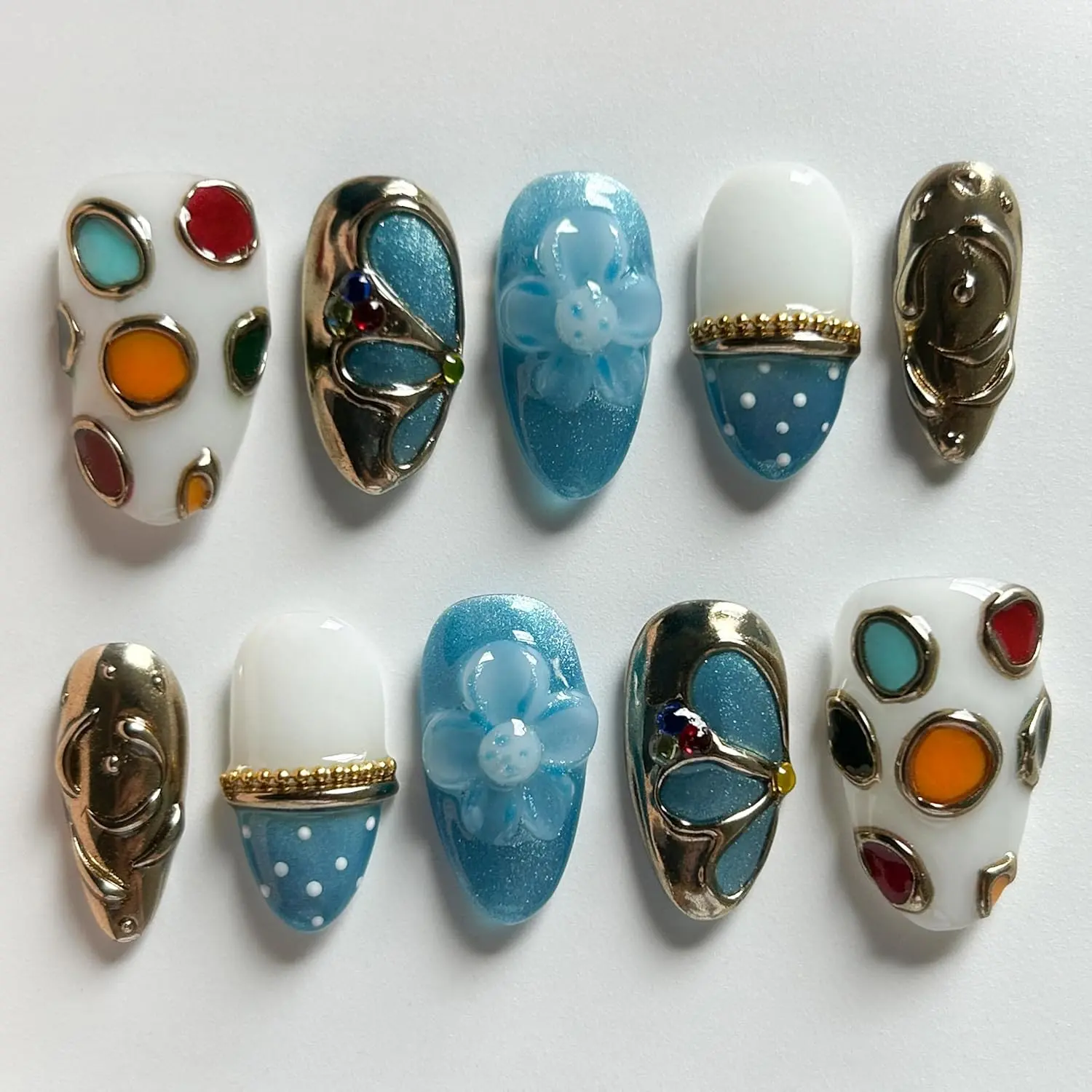 MAGLFELL Press on Nails, Medium Almond 3D Handmade False Nails with Gold Outline Colorful Glitter Tips and Bubble Beads, 10 Pcs Reusable Thick Acrylic ABS Artificial Fake nails for Women XS Size