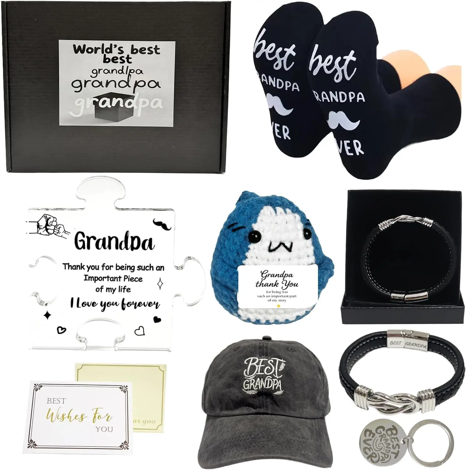 Father's Day Gift - 8PCS Birthday Gifts Set for Grandpa,Papa Gifts Set,Grandfather Gift with Baseball Cap Socks Bracelet Grandpa Keychain Acrylic Decor Crochet Animal for Fathers Day Birthday Christmas Gift