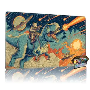 TCG, MTG, CCG RPG trading card game MATS, cat astronaut riding T-Rex in galactic battle, laser cannon, spaceship combat, cosmic war, 14×24 inches, non-slip, washable, perfect for desktop/mousepad.