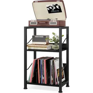 3 Tier Record Player Stand, Retro Vinyl Record Storage End Table Records for Living Room Bedroom (Black)