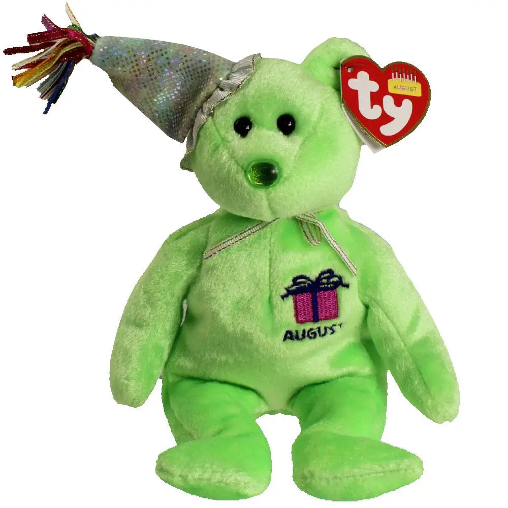 TY Beanie Baby - AUGUST the Teddy Birthday Bear (w/ hat) (9 inch) (2001) - MWMTs