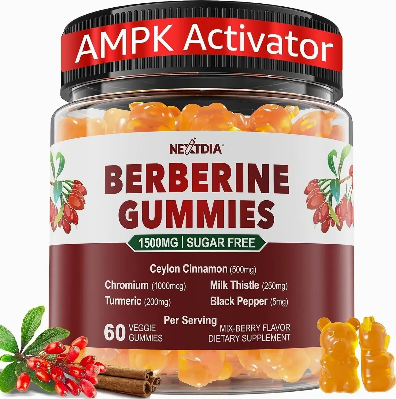 Berberine Gummies Supplement 1500mg, Natural GLP-1 Support + Ceylon Cinnamon, Chromium, Milk Thistle, Turmeric, AMPK Activator for Women & Men, Berberine HCl from Indian Barberry, Sugar Free, 60 Count