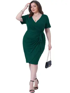 Agnes Orinda Women Plus Size V Neck Ruched Wrap Dress with Belt Summer Pleated Bodycon Midi Dress Dark Green