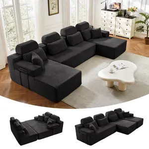141″ Cloud Modular Sectional Sofa Boneless U Shaped Compression with Chaise Corduroy Oversized Couch in a Box No Assembly Required Black