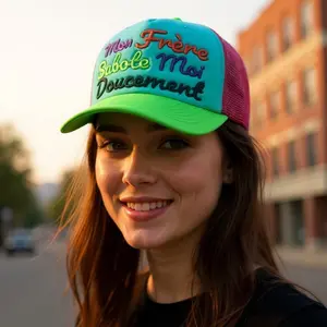 Trucker Hat Mon Frère Sabote Moi Doucement with Colorful Embroidery Design