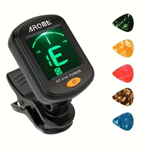 1set clip on guitar tuner set with 360 ° rotating design | AT-01A with LCD display | Includes 5 cel picks (random color) | Suitable for guitar, bass, ukulele, violin, multi instrument tuner, LCD display tuner, beginner musician, student
