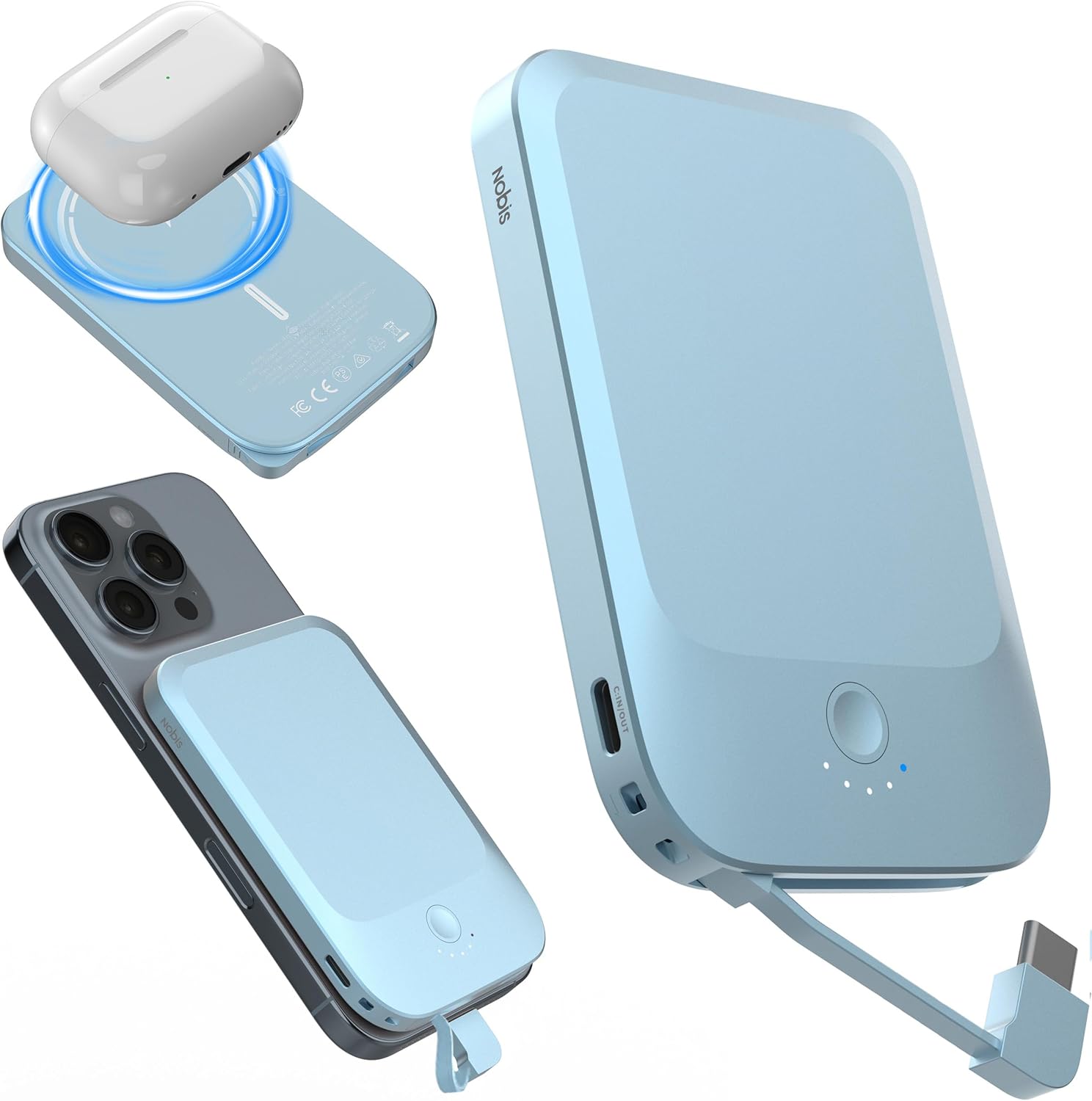 NOBIS Power Bank Slim da 5000mAh con Cavo Integrato: Caricatore Portatile con Aggancio Magnetico, Ricarica Rapida 22,5W e USB-C In/Out, per Smartphone e Dispositivi Android