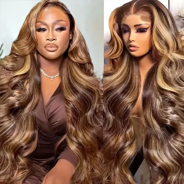 13x6 Glueless Lace Frontal Wig Elastic Drawstring 4/27 Highlight Natural Black Pre-cut lace Silky Straight Body Wave Human Hair Wigs