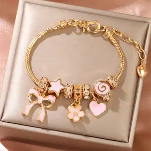Pink Bow Charm Bracelet for Women, 18K Gold Plated Cute Dangle Beaded Bracelet with Star Heart Lollipop Charms, Sweet Y2K Jewelry for Teen Girls, Gift for Her