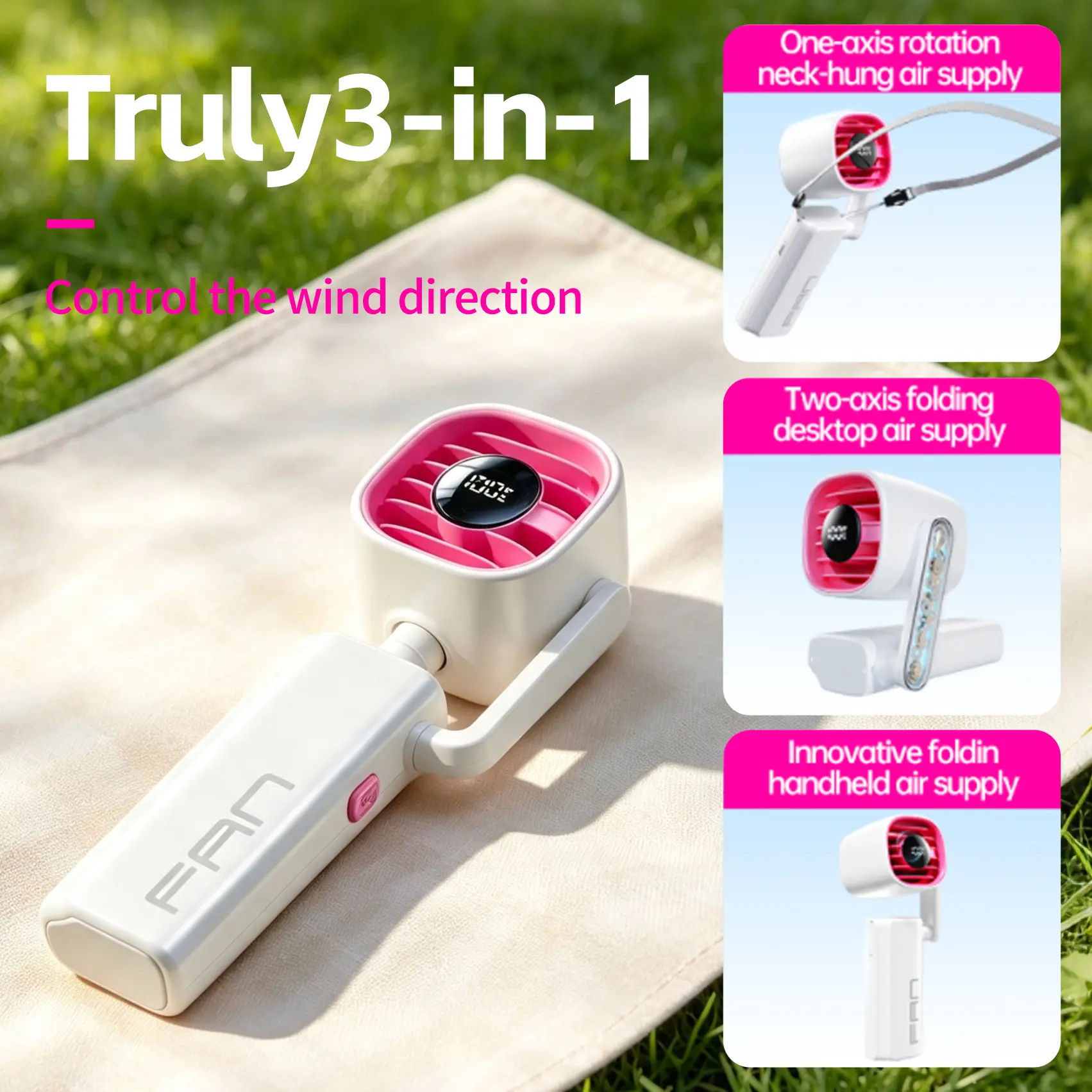 3-in-1 Portable Personal Turbo Fan Handheld - 5-Speed Neck/Desk Fan with Brushless Motor, USB-C Rechargeable Silent Cooling, LED Light, Turbo Boost for Summer Travel (Home Supplies, Party Gifts)