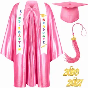Kindergarten Graduation Cap and Gown Set for Class of 2026 Photoshoot, Satin Blink Gown, 2026 & 2027 Charms & Sash, Satin Kindergarten Graduation Outfit for Son Daughter Nephew Pre-K Preschool Kindergarten 1st Grade Grad Gift Memories Keepsakes