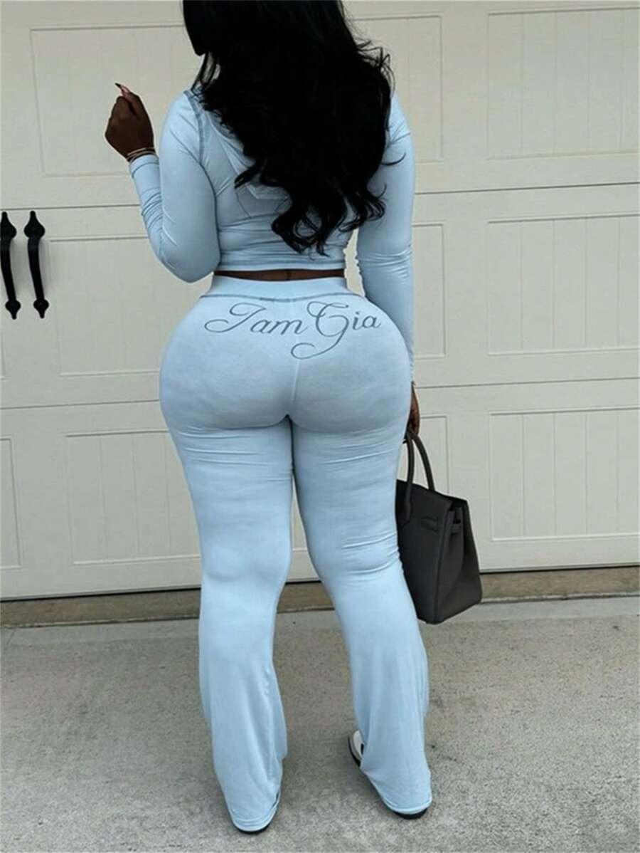 Gia Logo Y2K Two Piece Set Women – Zip Up Crop Top & High Waist Flare Pants, Slim Fit Streetwear Tracksuit, Perfect for Spring Break, Hot Girl Summer, Pool Parties & 2026 Spring Summer Outings, Medium Stretch Knit Fabric