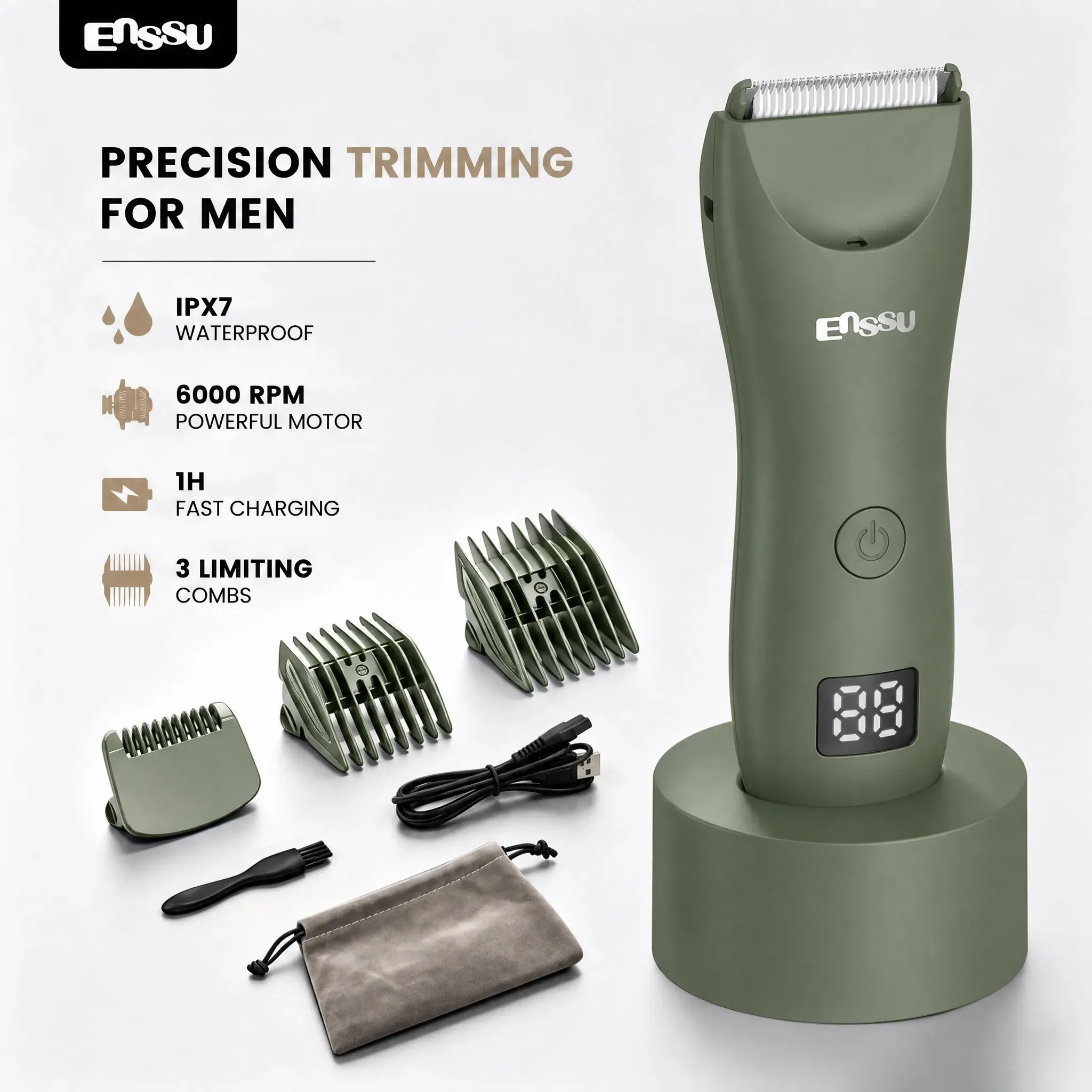 Enssu Men’s 2-in-1 Waterproof Body Trimmer & Shaver with LED Display, Ceramic Blade, Adjustable Guards for Beard, Head, Chest, Underarm & Full Body Grooming, IPX7 Washable Cordless Rechargeable Groomer Kit