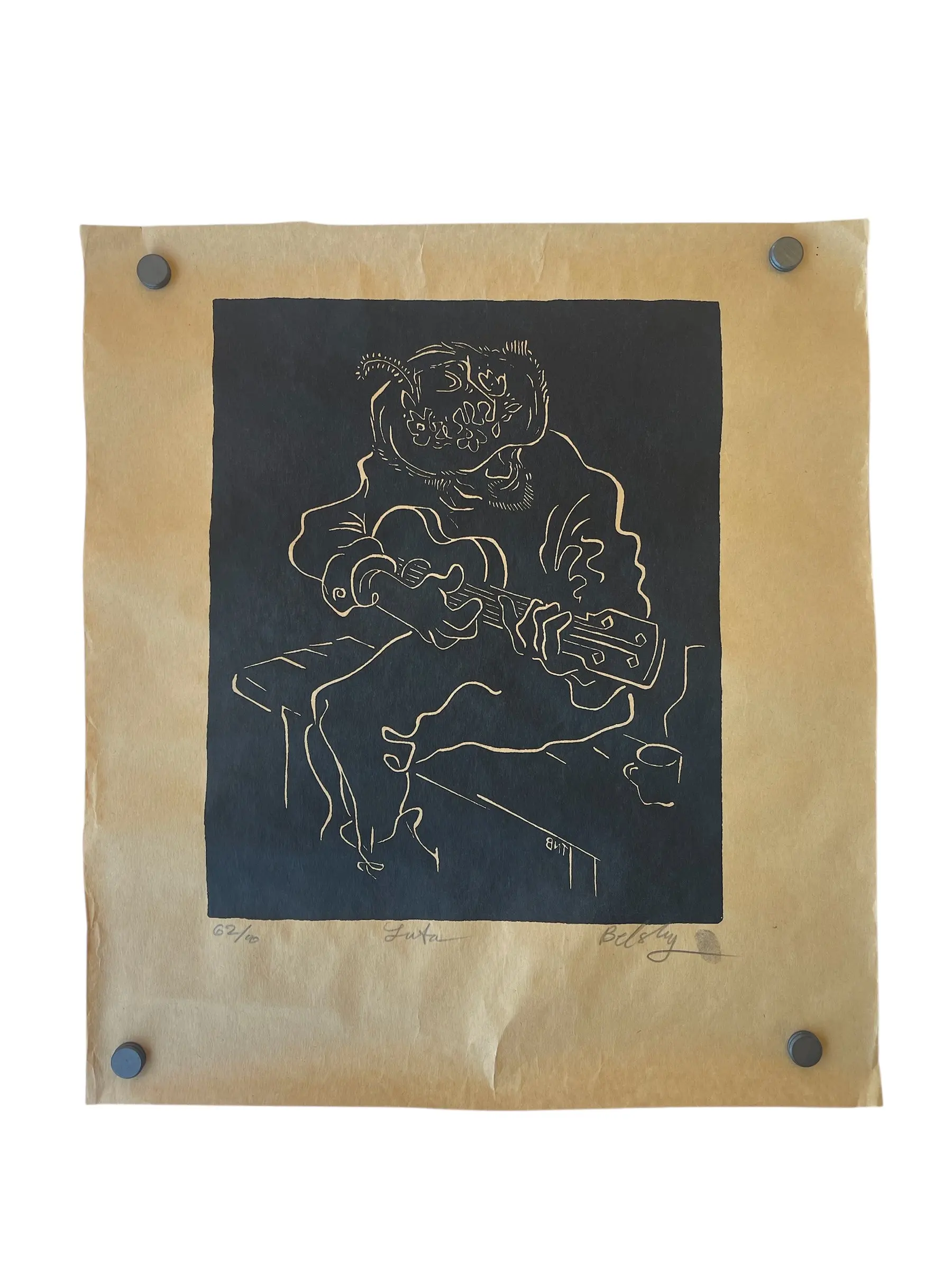 “Luta" Limited Edition Linocut Print by Belsky, Numbered 62/100, Hand Signed with Fingerprint, Modern Figurative Guitarist Portrait