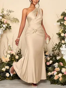 1 One Shoulder Cutout Evening Gown Women | Ruched Waist Gold Decor Mermaid Formal Maxi Dress | Elegant Glam Style for Wedding Guest Prom Party Banquet Wear