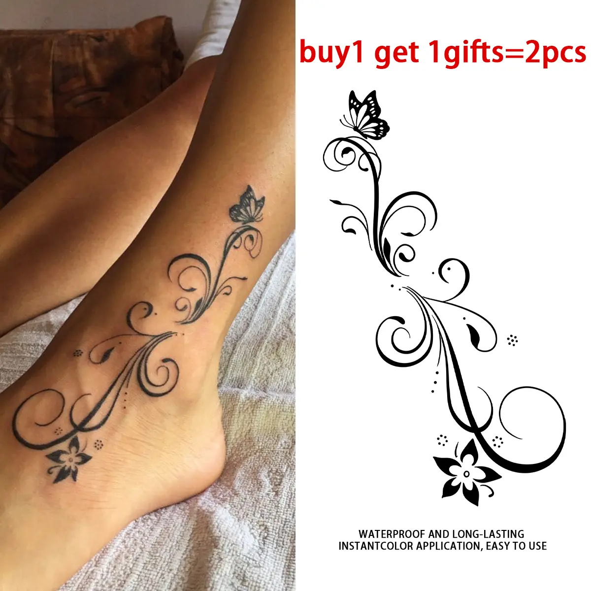 Black Swirl Vine Butterfly Floral Temporary Tattoo Stickers - 2 Sheets Semi-Permanent Waterproof Realistic Fake Tattoos, Tattoo for Women, All Skin Types Ideal for Swimming, Beach, Party