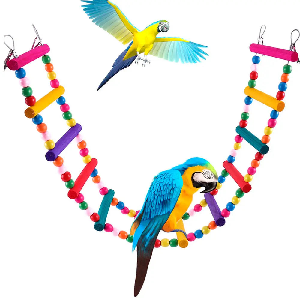 Handmade Natural Wood Hanging Climbing Ladder Bird Toy - 12-Step, Bright Colors, Boosts Activity, Includes Bridge & Swings for Parrots, Parakeets