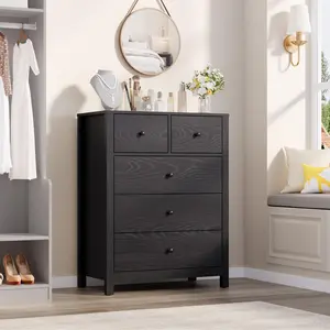 Black Dresser for Bedroom, Tall 5 Drawer Dresser with Deep Drawers & Metal Knobs, Modern Wooden Double Chests of Drawers for Kids Bedroom, Entryway, Hallway