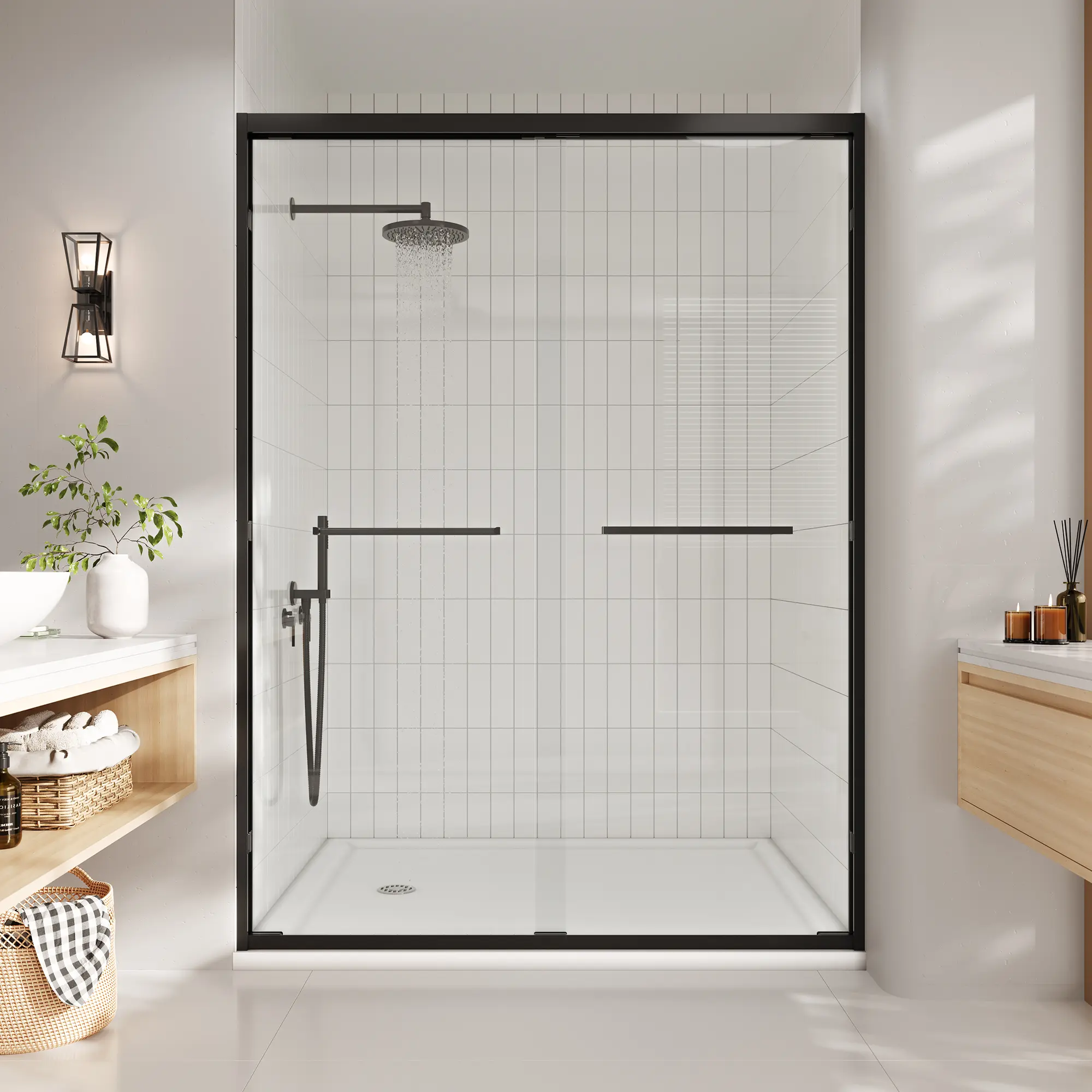 Garvee Upgraded Glass Shower Door, Modern Semi-Frameless Double Sliding Door, Clear Tempered Glass, Space-Saving Bypass, Quiet Reversible, Magnetic Seal, Rust-Resistant, Waterproof, Easy To Install