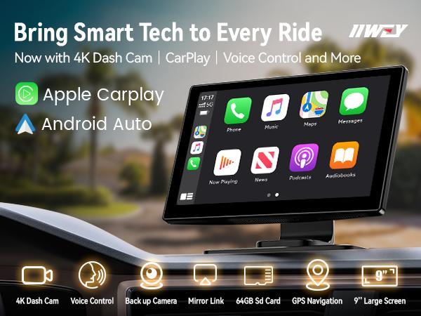 IK9 9" Wireless CarPlay & Android Auto Screen, Portable Car Stereo with 4K Dash Cam & 1080p Rear Camera, CarPlay with Backup Camera, Touch Screen GPS Display, Mirror Link, Apple Car Play Screen, Free 64GB