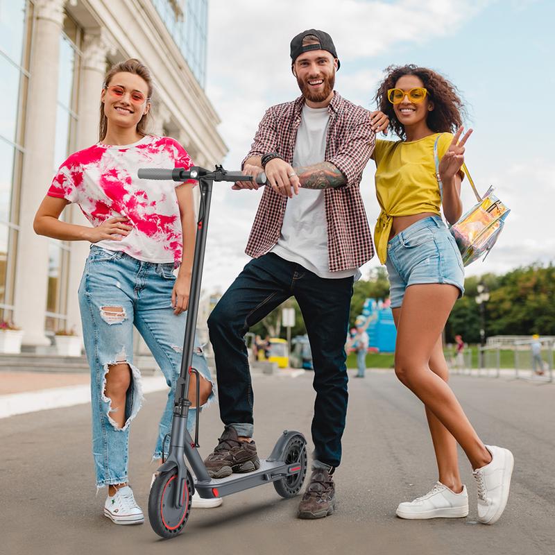 AOVOPRO AP07 electric scoote 22 miles of range, front and rear double shock absorbers 19MPH ultra-high speed, 8.5-inch non-slip solid tires 3-speed transmission, foldable waterproof grade IP65, LCD display