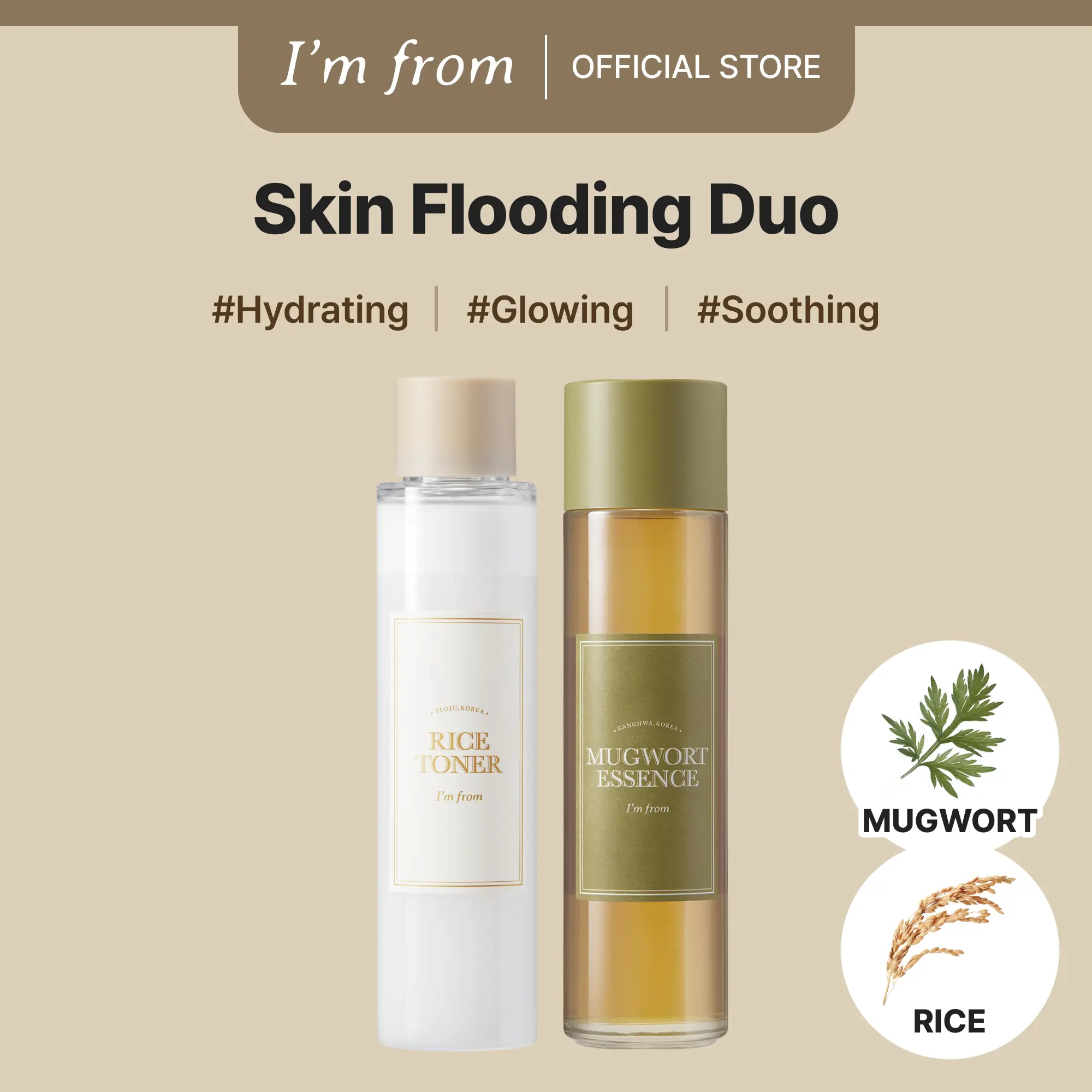 [I'm from Official Shop] Skin Flooding Duo Set - Rice Toner and Mugwort Essence - Moisture Blend Cleansing Detox Facial Korean Tea Tree