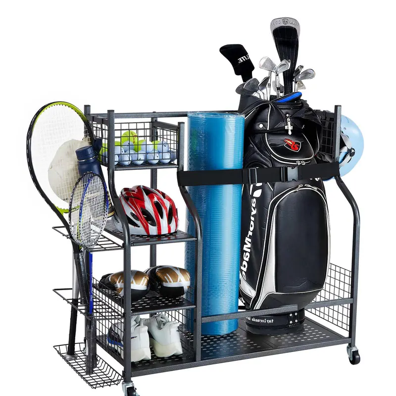 VEVOR Golf Storage Garage Organizer, 2 Golf Bag Stand Holder and Other Sports Equipment Storage Rack, Rolling Ball Cart on Wheels, Outdoor Sport Gear and Toy Storage with Baskets & Hooks, Steel