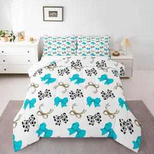 Bowknot Comforter Set for Girls | Coquette Bow Bedding Set,Ribbon Cow Print Comforter Reversible Girly Magical Bow Tie Duvet Insert,
